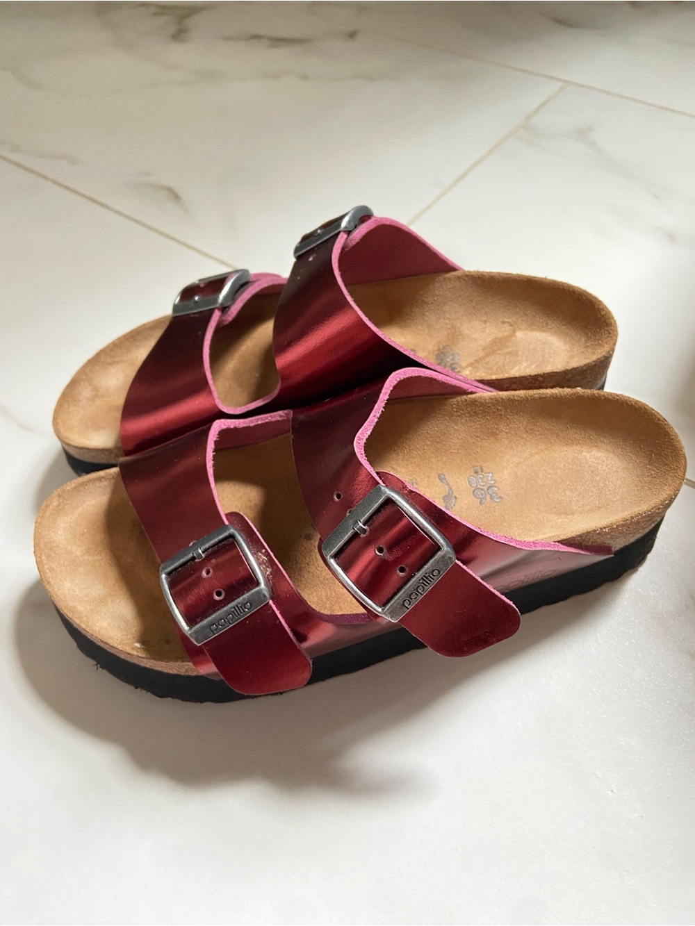 Papillio Women's Metallic Red Double-Buckle Slide Sandals